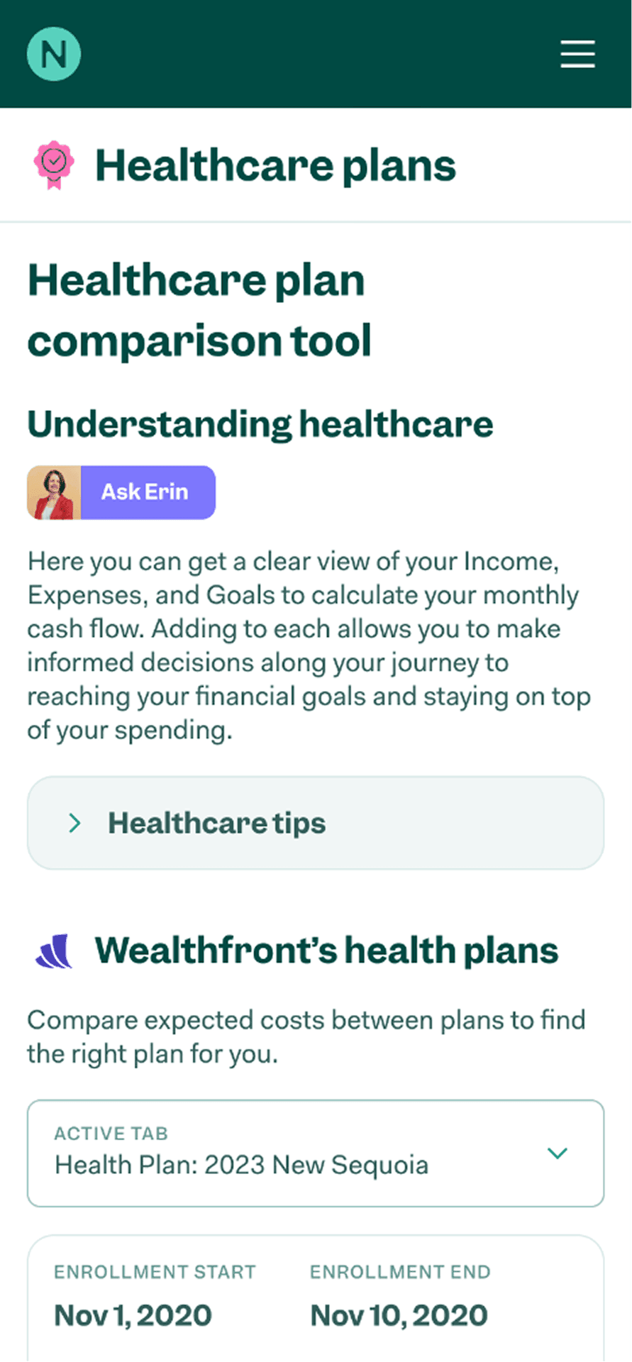 Healthcare plan comparison on mobile in Northstar